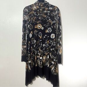 Fuzzi Mesh Goth Black Floral Hi-Lo Sheer High Neck Long Sleeve Dress Medium